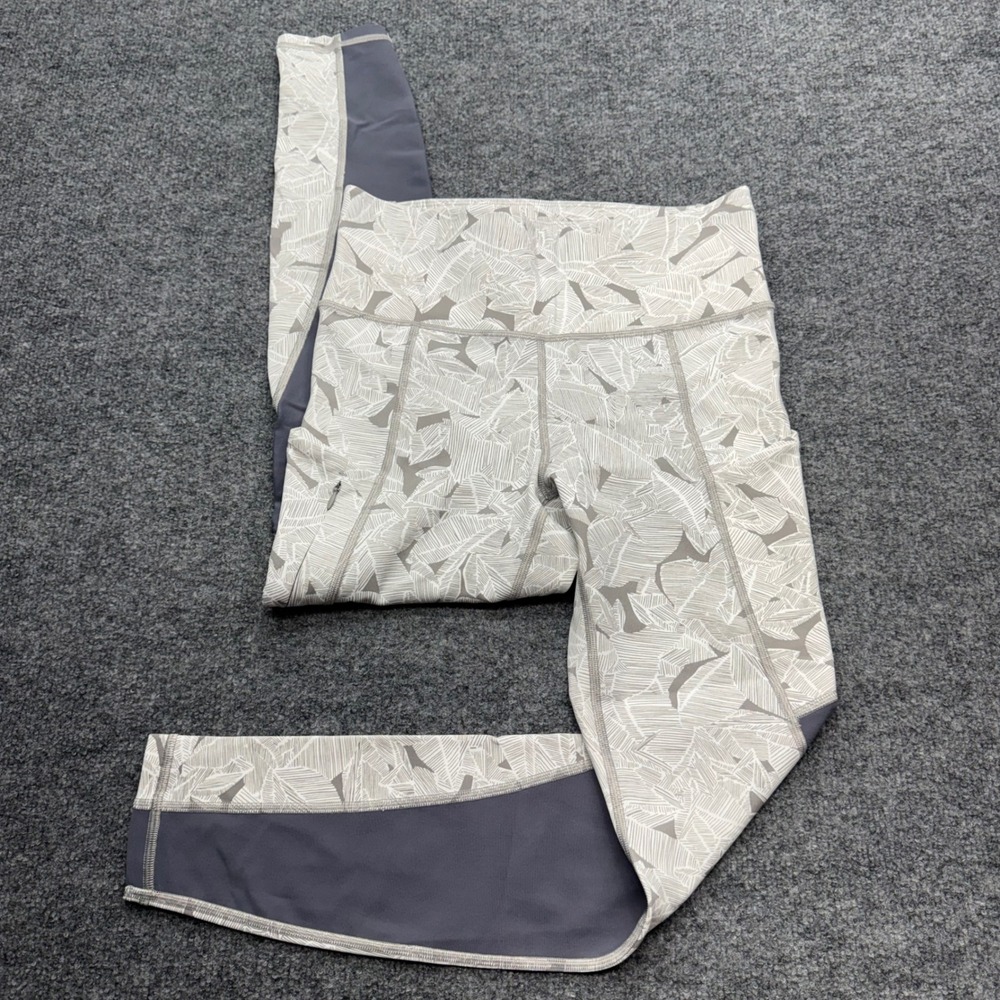Athleta Womens Grey White Tropical Leaf Print Mesh Panel 7/8 Leggings Size S